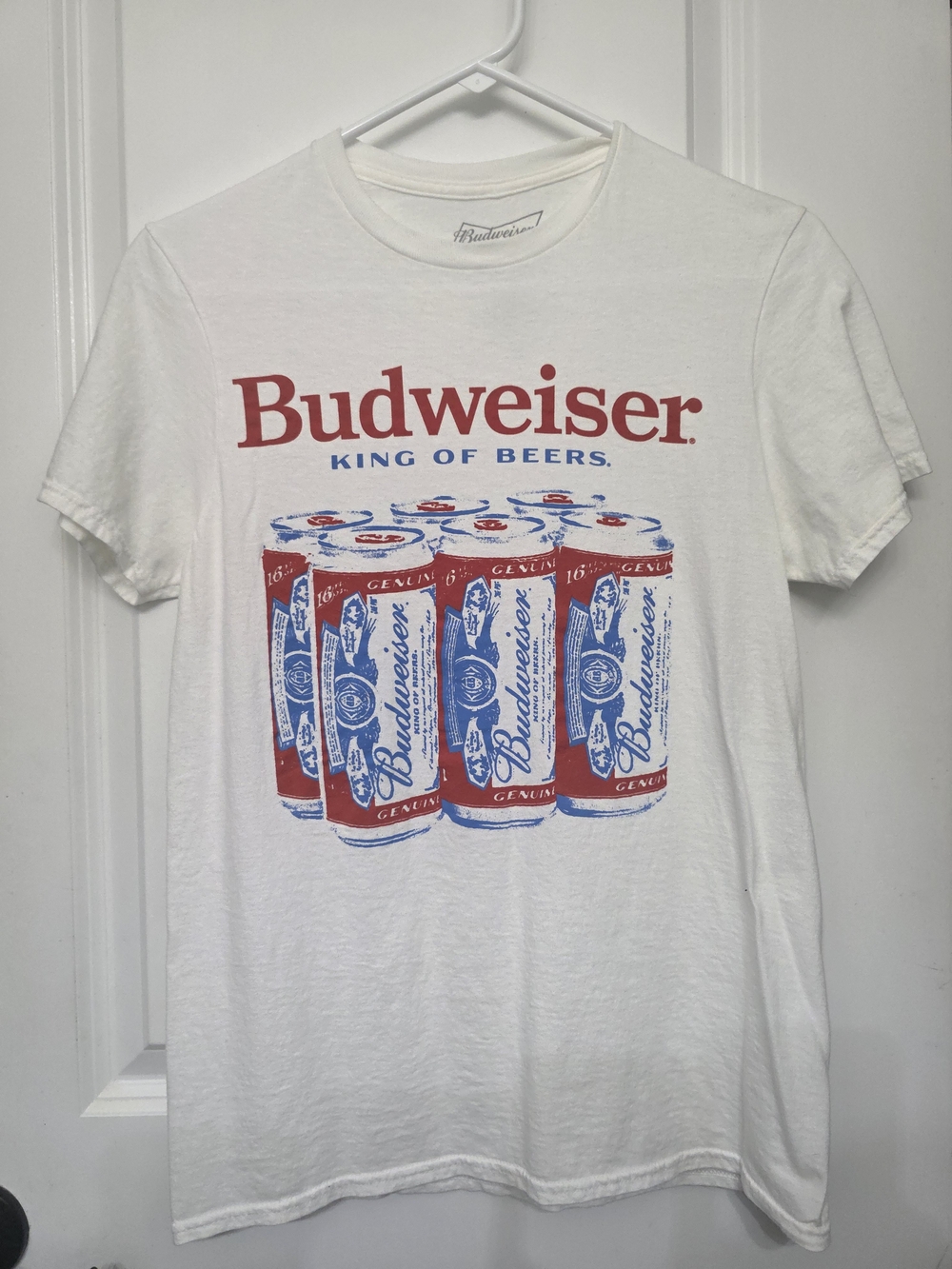 Budweiser White Short Sleeve Tee with Red and Blue Can Graphic